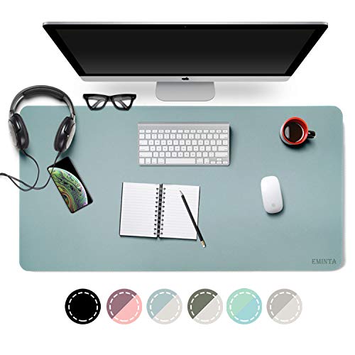 Dual-Sided Desk Pad Office Desk Mat, EMINTA Ultra Thin Waterproof PU Leather Mouse Pad Desk Blotter Protector, Desk Writing Mat for Office/Home (Light Blue/Silver, 31.5' x 15.7')