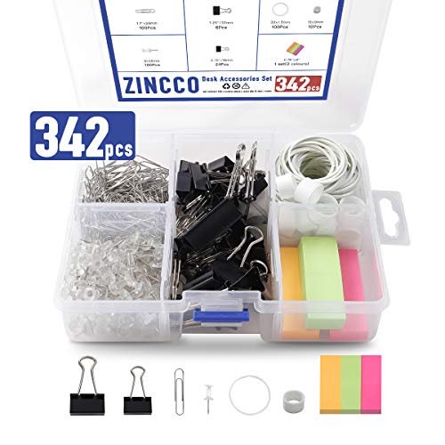 342 Pcs Small Office Supplies Kit with Storage Container, Metal Binder Clips Medium/Small, Paper Clips, Assorted Rubber Bands, Page Markers, Push Pins, for Home, Office, School, etc.