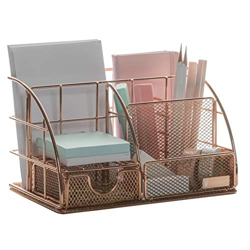 Rosework Rose Gold Desk Organizer For Women, All in One Desktop Organizer with Pen Holder, Pencil Holder and Paper Organizer, Office Organizer for Home Office Supplies and Desk Accessories.