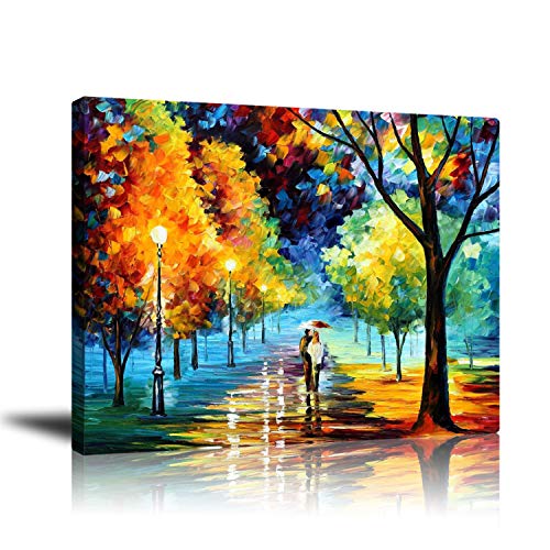 Unframed Couple Canvas Wall Art Print, Contemporary Abstract Colorful Oil Paintings, Romantic Lovers Stroll in Rain Pictures, for Livingroom Bedroom Office Home Decorations, Ready to Hang 16x20 Inch