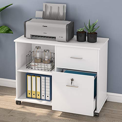 Tribesigns 2 Drawer File Cabinet With Lock, Mobile Lateral Filing Cabinet For Letter Size, Printer Stand With Rolling Wheel And Open Storage Shelves For Home Office, White
