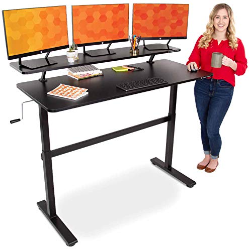 Stand Steady Tranzendesk 55 In Standing Desk With Clamp On Shelf | Crank Height Adjustable Stand Up Workstation With Attachable Monitor Riser | Holds 3 Monitors &Amp; Adds Desk Space (55 In/Black)