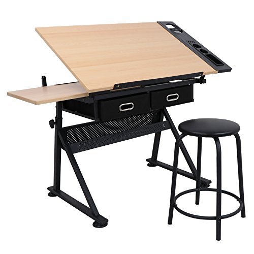 Zeny Height Adjustable Drafting Draft Desk Drawing Table Desk Tiltable Tabletop W/Stool And Storage Drawer For Reading, Writing Art Craft Work Station