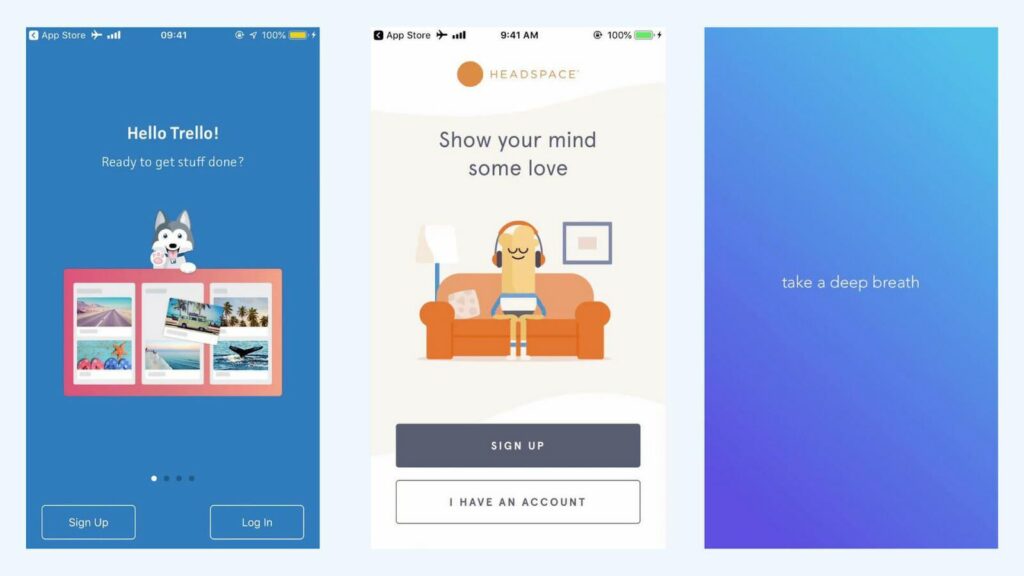 From L to R: the onboarding screens of Trello, Headspace, and Calm